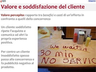 Valore e soddisfazione del cliente
Valore percepito: rapporto tra benefici e costi di un’offerta in
confronto a quelli della concorrenza

Un cliente soddisfatto
ripete l’acquisto e
comunica ad altri la
propria esperienza
positiva.

Per contro un cliente
insoddisfatto spesso
passa alla concorrenza e
fa pubblicità negativa al
prodotto.
 