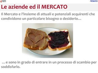Le aziende ed il MERCATO
Il Mercato e l’insieme di attuali e potenziali acquirenti che
condividono un particolare bisogno o desiderio…




 …e sono in grado di entrare in un processo di scambio per
soddisfarlo.
 