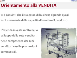 Orientamento alla VENDITA
Si è convinti che il successo di business dipenda quasi
esclusivamente dalla capacità di vendere il prodotto.


L’azienda investe molto nello
sviluppo della rete vendita,
nelle competenze dei suoi
venditori e nelle promozioni
commerciali.
 