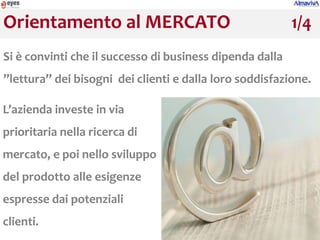 Orientamento al MERCATO                                   1/4
Si è convinti che il successo di business dipenda dalla
’’lettura’’ dei bisogni dei clienti e dalla loro soddisfazione.

L’azienda investe in via
prioritaria nella ricerca di
mercato, e poi nello sviluppo
del prodotto alle esigenze
espresse dai potenziali
clienti.
 