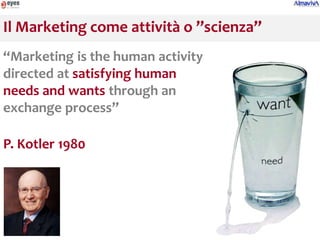 Il Marketing come attività o ’’scienza’’
“Marketing is the human activity
directed at satisfying human
needs and wants through an
exchange process”

P. Kotler 1980
 