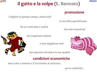 il gatto e la volpe (E. Bennato)
                                                   promozione
i migliori in questo campo, siamo noi!!
                                              è una ditta specializzata

          fai un contratto e vedrai
                                                   che non ti pentirai!

                noi scopriamo talenti

                            e non sbagliamo mai!


                  noi sapremo sfruttare le tue qualità

                      condizioni economiche
dacci solo 4 monete e ti iscriviamo al concorso
                                                    per la celebrità!...
 