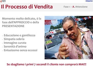 Il Processo di Vendita                         Fase 1 – A. Attenzione



Momento molto delicato, è la
fase dell’APPROCCIO e della
PRESENTAZIONE

− Educazione e gentilezza
− Simpatia sobria

− Immagine curata

− Serenità d’animo
− Entusiasmo senza eccessi




    Se sbagliamo i primi 7 secondi il cliente non comprerà MAI!!!
 