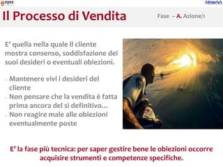 Il Processo di Vendita                              Fase – A. Azione/1



E’ quella nella quale il cliente
mostra consenso, soddisfazione dei
suoi desideri o eventuali obiezioni.

− Mantenere vivi i desideri del
  cliente
− Non pensare che la vendita è fatta

  prima ancora del sì definitivo…
− Non reagire male alle obiezioni

  eventualmente poste


    E’ la fase più tecnica: per saper gestire bene le obiezioni occorre
               acquisire strumenti e competenze specifiche.
 