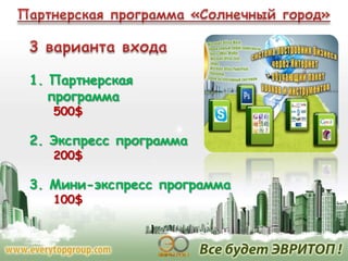 1. Партнерская
программа
500$

2. Экспресс программа
200$

3. Мини-экспресс программа
100$

 