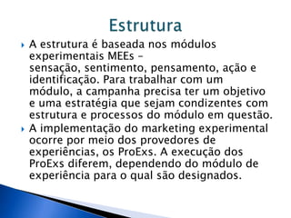  A estrutura é baseada nos módulos
experimentais MEEs –
sensação, sentimento, pensamento, ação e
identificação. Para trabalhar com um
módulo, a campanha precisa ter um objetivo
e uma estratégia que sejam condizentes com
estrutura e processos do módulo em questão.
 A implementação do marketing experimental
ocorre por meio dos provedores de
experiências, os ProExs. A execução dos
ProExs diferem, dependendo do módulo de
experiência para o qual são designados.
 