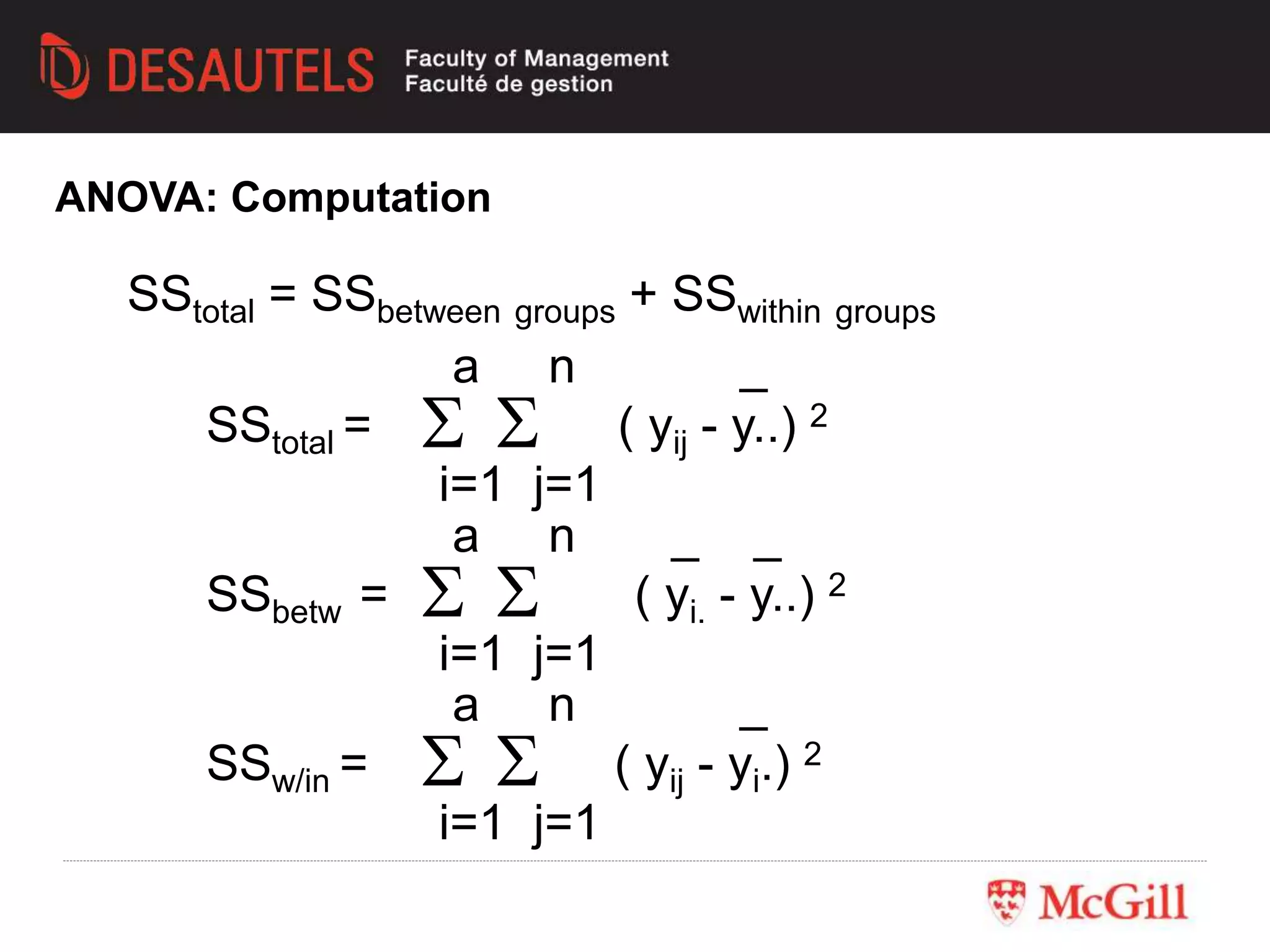SStotal = SSbetween groups + SSwithin groups
a n _
SStotal = ( yij - y..) 2
i=1 j=1
 
a n _ _
SSbetw = ( yi. - y..) 2
i=1 j=1
 
a n _
SSw/in = ( yij - yi.) 2
i=1 j=1
 
ANOVA: Computation
 