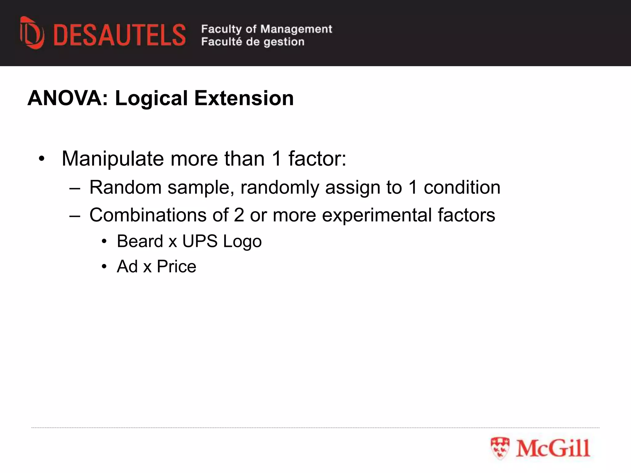 • Manipulate more than 1 factor:
– Random sample, randomly assign to 1 condition
– Combinations of 2 or more experimental factors
• Beard x UPS Logo
• Ad x Price
ANOVA: Logical Extension
 