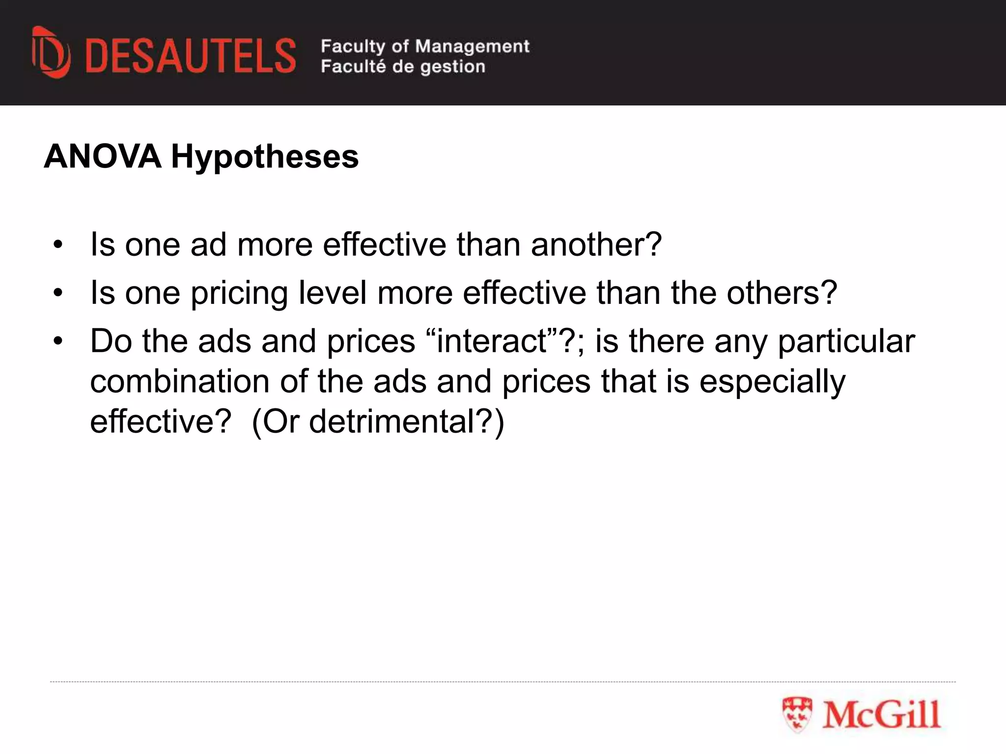 • Is one ad more effective than another?
• Is one pricing level more effective than the others?
• Do the ads and prices “interact”?; is there any particular
combination of the ads and prices that is especially
effective? (Or detrimental?)
ANOVA Hypotheses
 