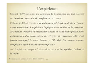 L’expérience
Schmitt (1999) présente une définition de l’expérience qui met l’accent
sur la nature construite et complexe de ce concept.
Celle-ci se définit comme « un événement privé qui survient en réponse
à une stimulation. L’expérience implique la vie entière de la personne.
Elle résulte souvent de l’observation directe ou de la participation à des
événements qu’ils soient réels, des rêveries ou virtuels…. Elle n’est
jamais auto-générée mais induite…. Elle doit être perçue comme
complexe et ayant une structure complexe ».
→ L’expérience comporte 3 dimensions qui sont la cognition, l’affect et
le social.
14Connaissance Créative Tous droits réservés
 