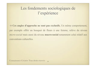 →	
  Ces angles d'approche ne sont pas exclusifs. Un même comportement,
par exemple offrir un bouquet de fleurs à une femme, relève du niveau
micro-social mais aussi du niveau macro-social notamment celui relatif aux
conventions culturelles.
Les fondements sociologiques de
l’expérience
28Connaissance Créative Tous droits réservés
 