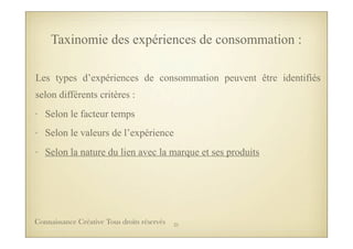 Taxinomie des expériences de consommation :
Les types d’expériences de consommation peuvent être identifiés
selon différents critères :
• Selon le facteur temps
• Selon le valeurs de l’expérience
• Selon la nature du lien avec la marque et ses produits
31Connaissance Créative Tous droits réservés
 