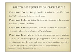 • L’expérience d’anticipation qui consiste à rechercher, planifier, rêver
éveillé, budgétiser ou fantasmer l’expérience.
• L’expérience d’achat qui relève du choix, du paiement, de la rencontre
avec le service et de l’ambiance.
• L’expérience proprement dite qui inclut les émotions, les sensations de
bien ou de mal-être, la satisfaction ou l’insatisfaction.
• L’expérience du souvenir qui mobilise notamment des images mentales
pour revivre l’expérience passée, qui s’appuie sur les récits d’histoires et
les discussions avec les amis, qui passe par le classement des souvenirs,
voire par une véritable « reconstruction » de l’expérience vécue.
Taxinomie des expériences de consommation :
33Connaissance Créative Tous droits réservés
 