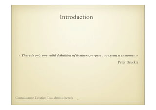 Introduction
« There is only one valid definition of business purpose : to create a customer. »
Peter Drucker
« There is only one valid definition of business purpose : to create a customer. »
Peter Drucker
6Connaissance Créative Tous droits réservés
 
