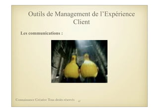 Les communications :
Outils de Management de l’Expérience
Client
67Connaissance Créative Tous droits réservés
 