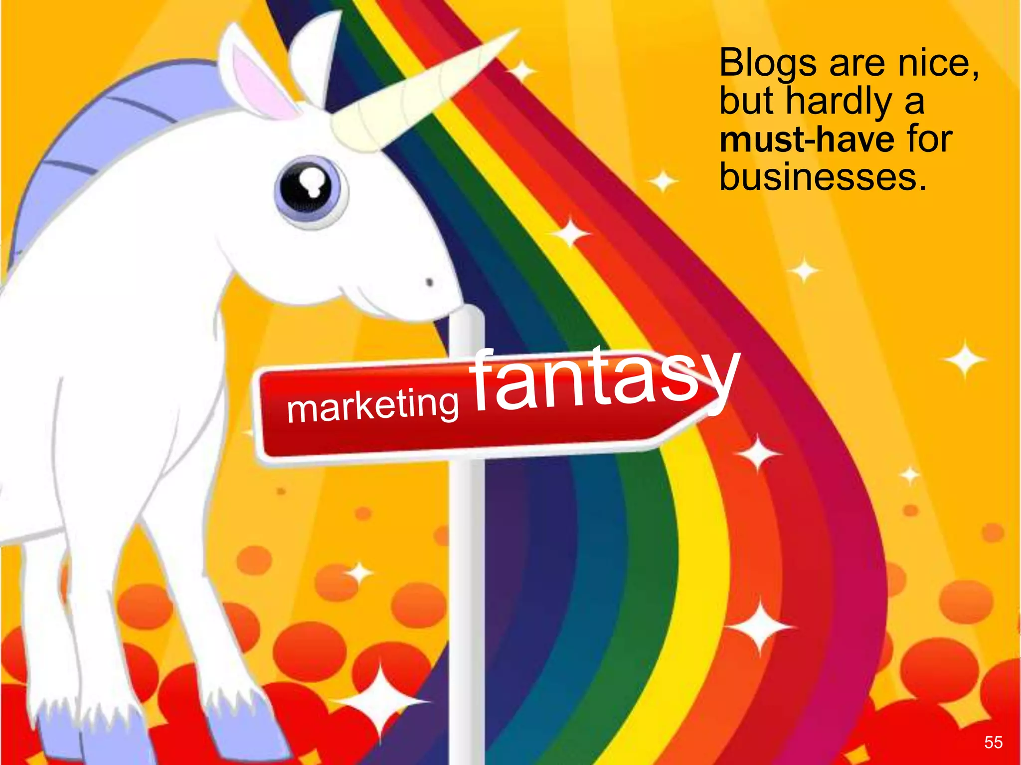 Blogs are nice,
but hardly a
must-have for
businesses.




                  55
 