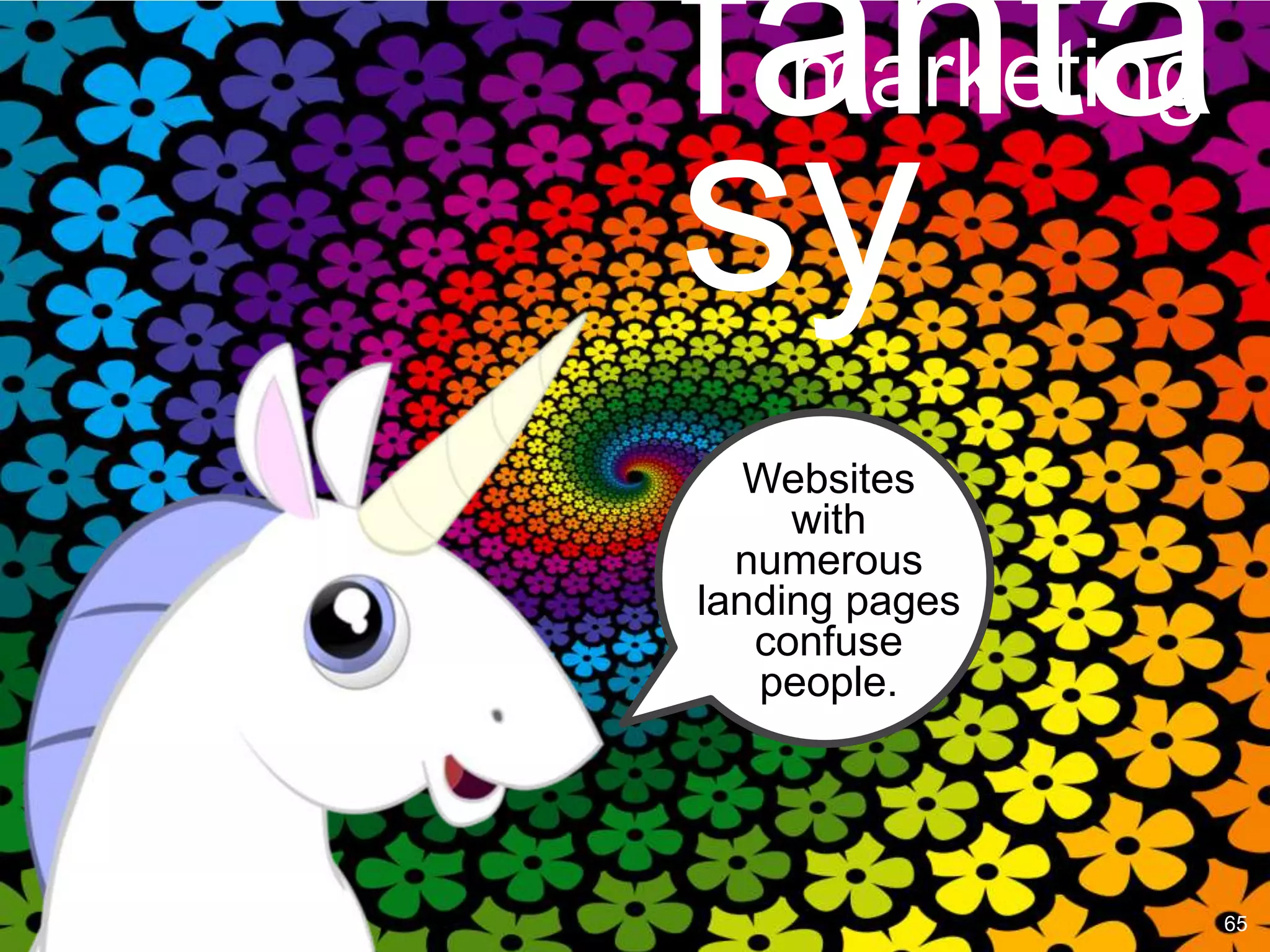 fanta
    marketing
sy
   Websites
     with
  numerous
landing pages
   confuse
   people.




                65
 
