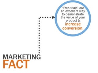 “Free trials” are
            an excellent way
             to demonstrate
            the value of your
                product &
              increase
             conversion.




MARKETING
FACT
 
