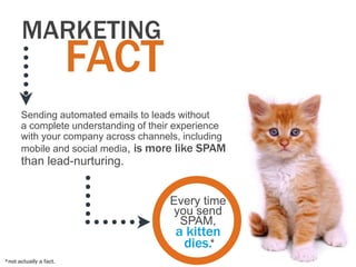MARKETING
                        FACT
      Sending automated emails to leads without
      a complete understanding of their experience
      with your company across channels, including
      mobile and social media, is more like SPAM
      than lead-nurturing.


                                     Every time
                                      you send
                                       SPAM,
                                       a kitten
                                        dies.*
*not actually a fact.
 