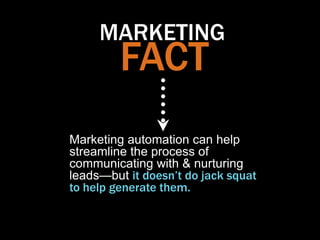MARKETING
         FACT
Marketing automation can help
streamline the process of
communicating with & nurturing
leads—but it doesn’t do jack squat
to help generate them.
 