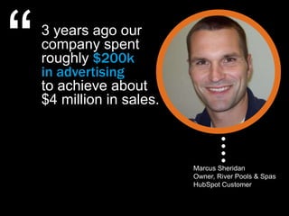 “   3 years ago our
    company spent
    roughly $200k
    in advertising
    to achieve about
    $4 million in sales.



                           Marcus Sheridan
                           Owner, River Pools & Spas
                           HubSpot Customer
 
