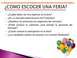  ¿Cuales deben ser mis objetivos en la feria?
 ¿Es un mercado potencial para mis Productos?
 ¿Satisface mis productos las exigencias del mercado?
 ¿Podré producir lo suficiente, para atender la demanda del
mercado?
 ¿Cuanto costará la participación en la feria?
 ¿Los resultados estarán de acuerdo a la inversión Realizada?
 