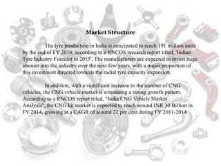 Market Structure
The tyre production in India is anticipated to reach 191 million units
by the end of FY 2016, according to a RNCOS research report titled, 'Indian
Tyre Industry Forecast to 2015'. The manufacturers are expected to invest huge
amount into the industry over the next few years, with a major proportion of
this investment directed towards the radial tyre capacity expansion.
In addition, with a significant increase in the number of CNG
vehicles, the CNG vehicle market is witnessing a strong growth pattern.
According to a RNCOS report titled, "India CNG Vehicle Market
Analysis", the CNG kit market is expected to reach around INR 30 Billion in
FY 2014, growing at a CAGR of around 22 per cent during FY 2011-2014.
 