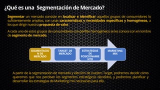 ¿Qué es una Segmentación de Mercado?
SEGMENTACIO
N DE
MERCADO
TARGET DE
MERCADO
ESTRATEGIAS
DE
POSICIONAMIE
NTO
MARKETING
MIX
Segmentar un mercado consiste en localizar e identificar aquellos grupos de consumidores lo
suficientemente amplios, con unas características y necesidades específicas y homogéneas, a
los que dirigir nuestra propuesta de valor.
A cada uno de estos grupos de consumidores con perfiles homogéneos se les conoce con el nombre
de segmento de mercado.
A partir de la segmentación de mercado y elección de nuestro Target, podremos decidir cómo
queremos que nos perciban los segmentos estratégicos decididos, y podremos planificar y
desarrollar las estrategias de Marketing mix necesarias para ello.
 