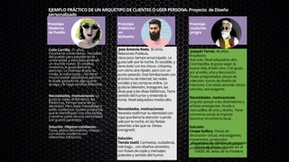 EJEMPLO PRÁCTICO DE UN ARQUETIPO DE CLIENTES O USER PERSONA- Proyecto de Diseño
personalizado
Celia Carrillo. 21 años.
Estudiante universitaria. Ha salido
del pueblo para estudiar en la
universidad, y está descubriendo
un mundo nuevo. Es creativa,
moderna, le gusta llamar la
atención. Le interesa el arte, la
moda, la cultura pop... No tiene
mucho poder adquisitivo, pero no
le duele gastarlo en algo que le
atraiga y le haga sentirse diferente.
Necesidades, motivaciones: Le
gusta la copla, el flamenco, las
folclóricas, forman parte de su
identidad. Pero tiene mentalidad y
estilo modernos. Quiere productos
que le identifiquen con esta faceta,
y sentirse parte de una comunidad
con gustos parecidos.
Solución: Objetos cotidianos.
Tazas, platos decorativos, chapas...
con diseño moderno con
referentes folclóricos.
Jose Antonio Roda. 30 años.
Relaciones Públicas.
Lleva poco tiempo emancipado. Le
gusta salir por la noche. Es sociable, y
tiene éxito con los chicos. Urbanita,
con cierto aire hipster, pero con un
punto petardo. Está familiarizado con
el entorno de internet, las redes
sociales y las compras online. Le
gusta la televisión, Instagram, las
divas pop y las divas folclóricas. Tiene
sentido del humor y entiende la
ironía. Nivel adquisitivo medio-alto.
Necesidades, motivaciones:
Necesita reafirmar su identidad con
ropa que llame la atención cuando
sale por la noche, en las fiestas
petardas a las que va. Desea
transgredir.
Solución:
Tienda textil. Camisetas, sudaderas,
tote bags… con diseños atrevidos,
con frases de copla y mensajes
potentes y sentido del humor.
Joaquín Torres. 46 años.
Arquitecto.
Vive solo. Nivel adquisitivo alto.
Cosmopolita, le gusta viajar, la
buena vida, el bien vino. Con gusto
por el estilo, arte y decoración.
Posee antigüedades, piezas de
colección, iconos de diseño de
interiores. Con estilo atrevido, kitsch,
colorista, extravagante.
Necesidades, motivaciones:
Le gusta apoyar a los diseñadores y
artistas emergentes. Acude a
mercadillos de arte y diseño. Tiene
conciencia social, le importa
favorecer el comercio local.
Solcuión:
Cirope Gallery. Piezas de
decoración únicas, extravagantes,
irreverentes, producidas
artesanalmente de forma local por
artistas independientes.
Prototipo
Moderna
de Pueblo
Prototipo
Folklórico
en
Malasaña
Prototipo
madurito
progre
Arquetipos de clientes de proyecto
Zirope de Freza, alojado en el
CADE de Jerez de la Frontera
 