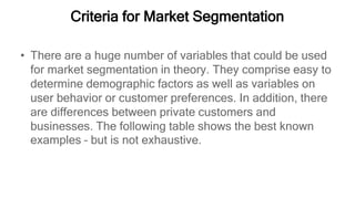 Criteria for Market Segmentation
• There are a huge number of variables that could be used
for market segmentation in theory. They comprise easy to
determine demographic factors as well as variables on
user behavior or customer preferences. In addition, there
are differences between private customers and
businesses. The following table shows the best known
examples – but is not exhaustive.
 