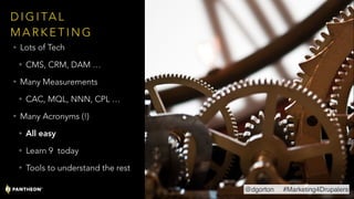 D I G I TA L
M A R K E T I N G
• Lots of Tech
• CMS, CRM, DAM …
• Many Measurements
• CAC, MQL, NNN, CPL …
• Many Acronyms (!)
• All easy
• Learn 9 today
• Tools to understand the rest
@dgorton #Marketing4Drupalers
 