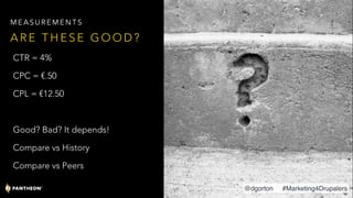 CTR = 4%
CPC = €.50
CPL = €12.50
Good? Bad? It depends!
Compare vs History
Compare vs Peers
A R E T H E S E G O O D ?
M E A S U R E M E N T S
@dgorton #Marketing4Drupalers
 