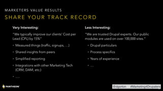 Very Interesting:
“We typically improve our clients’ Cost per
Lead (CPL) by 15%”
• Measured things (traffic, signups, …)
• Shared insights from peers
• Simplified reporting
• Integrations with other Marketing Tech
(CRM, DAM, etc.)
• ….
Less Interesting:
“We are trusted Drupal experts. Our public
modules are used on over 100,000 sites.”
• Drupal particulars
• Process specifics
• Years of experience
• … 
 
!22
S H A R E Y O U R T R A C K R E C O R D
M A R K E T E R S VA L U E R E S U LT S
@dgorton #Marketing4Drupalers
 