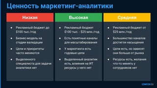 ● Рекламный бюджет от
$25 млн./год
● Большинство каналов
достигли насыщения
● Цели есть, но зависят
они больше от рынка
● Ресурсы есть, желания
что-то менять у
сотрудников нет
Ценность маркетинг-аналитики
ВысокаяНизкая
● Рекламный бюджет до
$100 тыс./год
● Бизнес-модель на
стадии валидации
● Цели и приоритеты
часто меняются
● Выделенного
специалиста для задачи
аналитики нет
● Рекламный бюджет
$100 тыс. - $25 млн./год
● Есть понятные каналы
для масштабирования
● У маркетинга есть
годовые цели
● Выделенный аналитик
есть, влияния на ИТ
ресурсы у него нет
Средняя
 