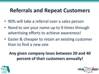 Referrals and Repeat Customers
• 90% will take a referral over a sales person
• Need to see your name up to 9 times through
  advertising efforts to achieve awareness!
• Easier & cheaper to retain an existing customer
  than to find a new one

  Any given company loses between 20 and 40
      percent of their customers annually!
 