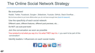 The Online Social Network Strategy 
Be everywhere! 
Reddit, Twitter, Facebook, Google+, Slideshare, Youtube, GitHub, Stack...