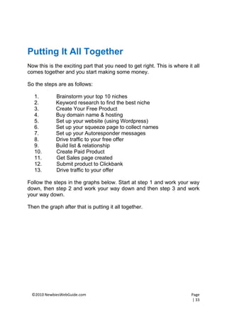 Putting It All Together
Now this is the exciting part that you need to get right. This is where it all
comes together and you start making some money.

So the steps are as follows:

   1.        Brainstorm your top 10 niches
   2.        Keyword research to find the best niche
   3.        Create Your Free Product
   4.        Buy domain name & hosting
   5.        Set up your website (using Wordpress)
   6.        Set up your squeeze page to collect names
   7.        Set up your Autoresponder messages
   8.        Drive traffic to your free offer
   9.        Build list & relationship
   10.       Create Paid Product
   11.       Get Sales page created
   12.       Submit product to Clickbank
   13.       Drive traffic to your offer

Follow the steps in the graphs below. Start at step 1 and work your way
down, then step 2 and work your way down and then step 3 and work
your way down.

Then the graph after that is putting it all together.




  ©2010 NewbiesWebGuide.com                                               Page
                                                                          | 33
 
