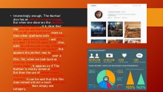 • Interestingly enough, 'The Martian'
also has an official Instagram page.
But when one observes the statistics
for Instagram users, it is clear that
the younger generations dominate
this social media platform; more so
then other platforms with 100 million
active users every month - and 34%
are aged 18-24/33% aged 25-34. Also,
with 40 million posts a day, 8'500 likes
and 1000 comments per second, this
appears the perfect way to gain the
attention and create a buzz over a
film. Yet, when we look back at
previous marketing amongst social
media pages, it appears as if 'The
Martian' is mostly aimed at adults.
But then the use of online videos
which have spread virally across the
Internet, it can be said that this film
does indeed attract a much wider age
demographic then simply one
category.
 