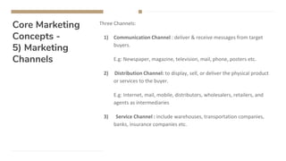 Core Marketing
Concepts -
5) Marketing
Channels
Three Channels:
1) Communication Channel : deliver & receive messages from target
buyers.
E.g: Newspaper, magazine, television, mail, phone, posters etc.
2) Distribution Channel: to display, sell, or deliver the physical product
or services to the buyer.
E.g: Internet, mail, mobile, distributors, wholesalers, retailers, and
agents as intermediaries
3) Service Channel : include warehouses, transportation companies,
banks, insurance companies etc.
 