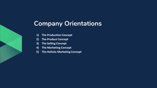 Company Orientations
1) The Production Concept
2) The Product Concept
3) The Selling Concept
4) The Marketing Concept
5) The Holistic Marketing Concept
 