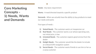 Core Marketing
Concepts -
1) Needs, Wants
and Demands
Needs - Any basic requirement
Wants - A need directed towards a specific product
Demands - When we actually have the ability to buy products to meet
our needs and wants
Five types of needs :
1) Stated Needs - The customer wants an inexpensive car
2) Real Needs - The customer wants a car whose operating cost,
not initial price, is low
3) Unstated Needs - The customer expects good service from the
dealer
4) Delight Needs - The customer would like the dealer to include
an onboard GPS navigation system
5) Secret Needs - The customer wants friends to see him or her as
a savvy customer
 