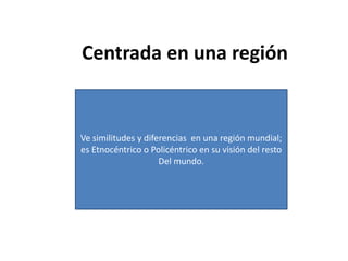 Centrada en una región
Ve similitudes y diferencias en una región mundial;
es Etnocéntrico o Policéntrico en su visión del resto
Del mundo.
 
