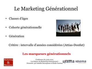 Le Marketing Générationnel
• Classes d’âges

• Cohorte générationnelle

• Génération

  Critère : intervalle d’années considérées (Attias-Donfut)

            Les marqueurs générationnels
                           Conférence du 5 juin 2012
                   - Les Enjeux du Marketing Générationnel –
               Présentée par Isabelle Decoopman et Elodie Gentina
 