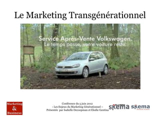 Le Marketing Transgénérationnel




                   Conférence du 5 juin 2012
           - Les Enjeux du Marketing Générationnel –
       Présentée par Isabelle Decoopman et Elodie Gentina
 