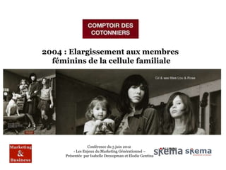 2004 : Elargissement aux membres
  féminins de la cellule familiale




                 Conférence du 5 juin 2012
         - Les Enjeux du Marketing Générationnel –
     Présentée par Isabelle Decoopman et Elodie Gentina
 