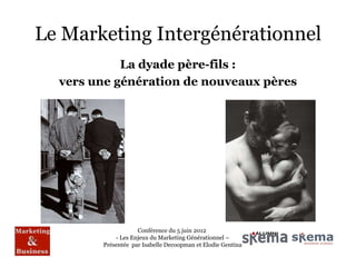 Le Marketing Intergénérationnel
            La dyade père-fils :
  vers une génération de nouveaux pères




                    Conférence du 5 juin 2012
            - Les Enjeux du Marketing Générationnel –
        Présentée par Isabelle Decoopman et Elodie Gentina
 