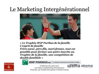 Le Marketing Intergénérationnel




    « Le Trophée BNP Paribas de la famille
    L'esprit de famille
    Frère-sœur, père-fils, mari-femme, tout est
    possible pour former une paire inscrite au
    Trophée de la famille, une compétition de
    double familiale »


                        Conférence du 5 juin 2012
                - Les Enjeux du Marketing Générationnel –
            Présentée par Isabelle Decoopman et Elodie Gentina
 