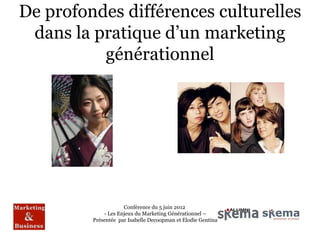 De profondes différences culturelles
 dans la pratique d’un marketing
          générationnel




                     Conférence du 5 juin 2012
             - Les Enjeux du Marketing Générationnel –
         Présentée par Isabelle Decoopman et Elodie Gentina
 
