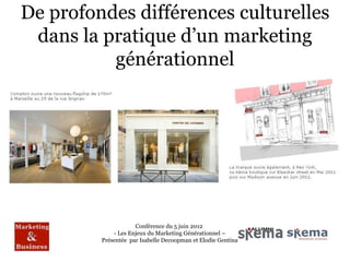 De profondes différences culturelles
 dans la pratique d’un marketing
          générationnel




                     Conférence du 5 juin 2012
             - Les Enjeux du Marketing Générationnel –
         Présentée par Isabelle Decoopman et Elodie Gentina
 