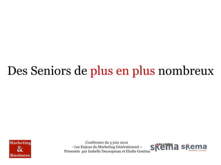 Des Seniors de plus en plus nombreux




                     Conférence du 5 juin 2012
             - Les Enjeux du Marketing Générationnel –
         Présentée par Isabelle Decoopman et Elodie Gentina
 